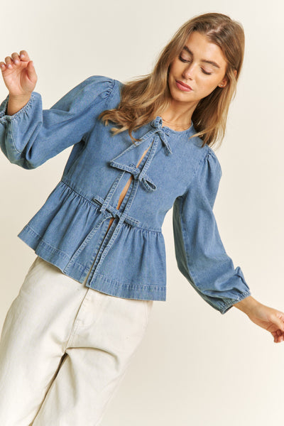 Betty Long Sleeve Bow Top - Denim