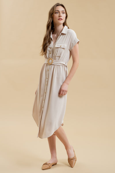 Collared Button Down Belted Dress - Light Khaki