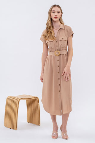 Collared Button Down Belted Dress - Mocha