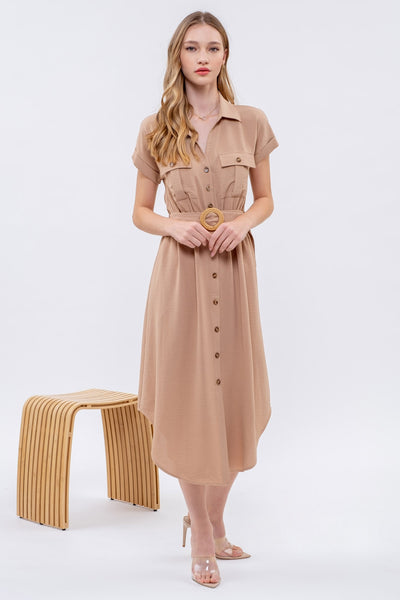 Collared Button Down Belted Dress - Mocha