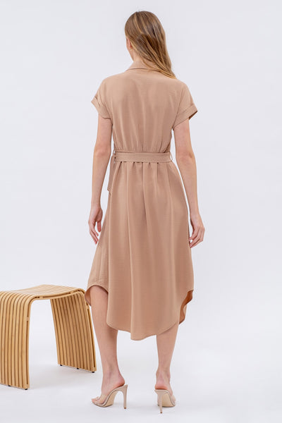 Collared Button Down Belted Dress - Mocha