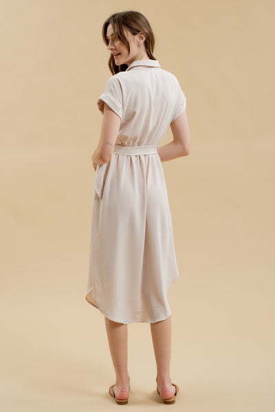 Collared Button Down Belted Dress - Light Khaki