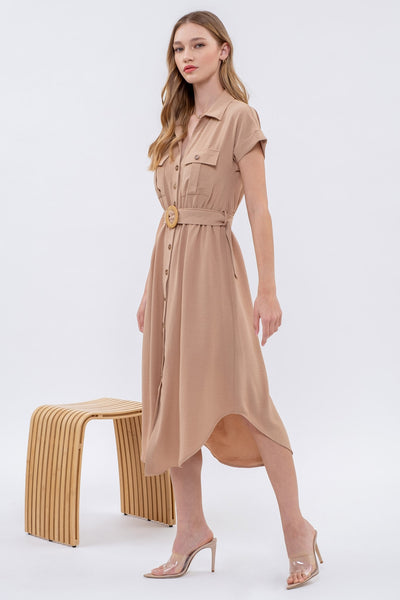 Collared Button Down Belted Dress - Mocha