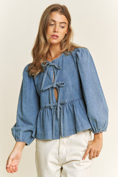 Betty Long Sleeve Bow Top - Denim