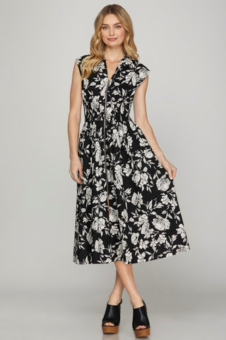 Floral Zipper Maxi Dress - Black