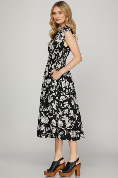 Floral Zipper Maxi Dress - Black