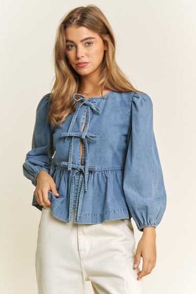 Betty Long Sleeve Bow Top - Denim