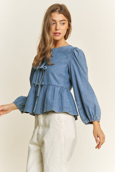 Betty Long Sleeve Bow Top - Denim