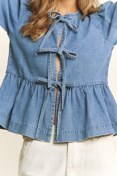 Betty Long Sleeve Bow Top - Denim