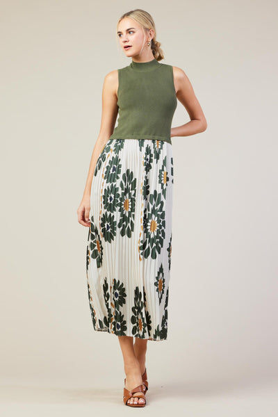 Morocco Pleated Dress - Olive/Cream