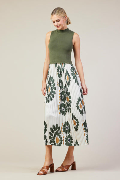 Morocco Pleated Dress - Olive/Cream