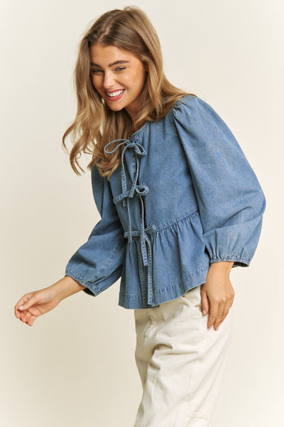 Betty Long Sleeve Bow Top - Denim